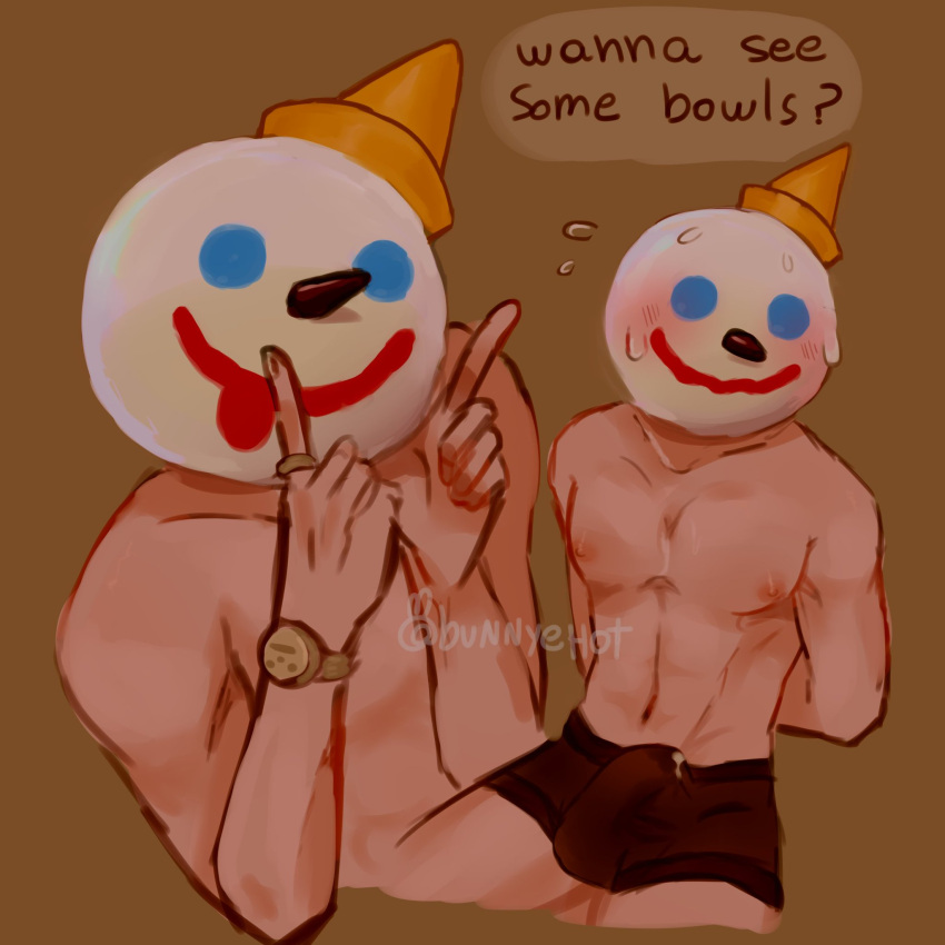1boy 1girl almost_naked arms_behind_back blush blush boner boner_in_pants boxers bunnyehot color colored english_text erection erection_under_clothes expressions fast_food hands_behind_back hard_on humanoid jack_box jack_in_the_box male male_focus male_only mascot muscular muscular_male naked_male nipples no_pants nude pecs pectorals precum precum_through_underwear ring shirtless shirtless_(male) shirtless_male solo_focus solo_male sticking_out_tongue sweat sweating text underwear