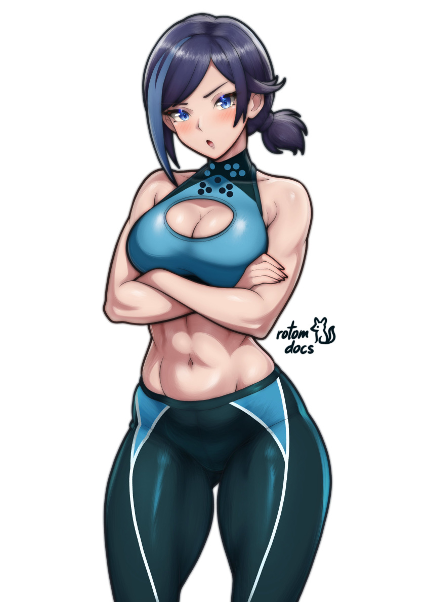 1girl 1girl abs absurd_res alluring annoyed artist_name asymmetrical_hair asymmetrical_sidelocks athletic_female bare_arms bare_shoulders big_breasts black_and_blue_hair blue_eyes blue_hair blue_pants blue_sports_bra blue_streaks blush breasts cleavage cleavage_cutout clothing_cutout commentary cowboy_shot dead_or_alive dead_or_alive_xtreme dead_or_alive_xtreme_venus_vacation embarrassed english_commentary female_abs fit_female gluteal_fold high_res looking_at_viewer midriff multicolored_hair navel pants ponytail purple_hair reika_(doa) rotomdocs short_hair short_ponytail sidelocks signature sleeveless sports_bra sportswear standing stomach streaked_hair tecmo toned toned_female two-tone_hair white_background workout_clothes yoga_pants
