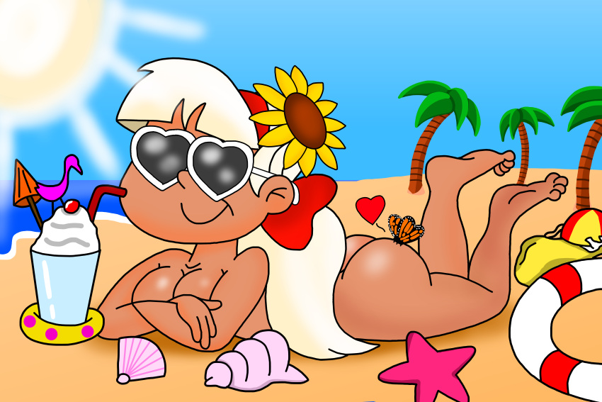 absurdres aged_up alternate_breast_size alternate_skin_color ass barefoot beach blondelover97 butterfly charity_bazaar cherry_(fruit) completely_nude_female conch covered_breasts covered_nipples dark-skinned_female female_focus female_only floatie hair_bow heart-shaped_sunglasses histeria! legs_up lying_on_stomach milkshake_(food) palm_tree platinum_blonde_hair ponytail sand sea seashell soles starfish sun sunflower_hair_ornament sunglasses tanned_skin the_pose toes warner_brothers