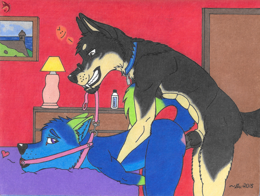 2boys anal anthro bayzan bayzan_(artist) bondage collar crimson_(bayzan) dark_skin doggy_position domination furry german_shepherd gsd heart hotel_room husky knot knotted_penis leash penis rough_sex submissive traditional_art wolf yaoi