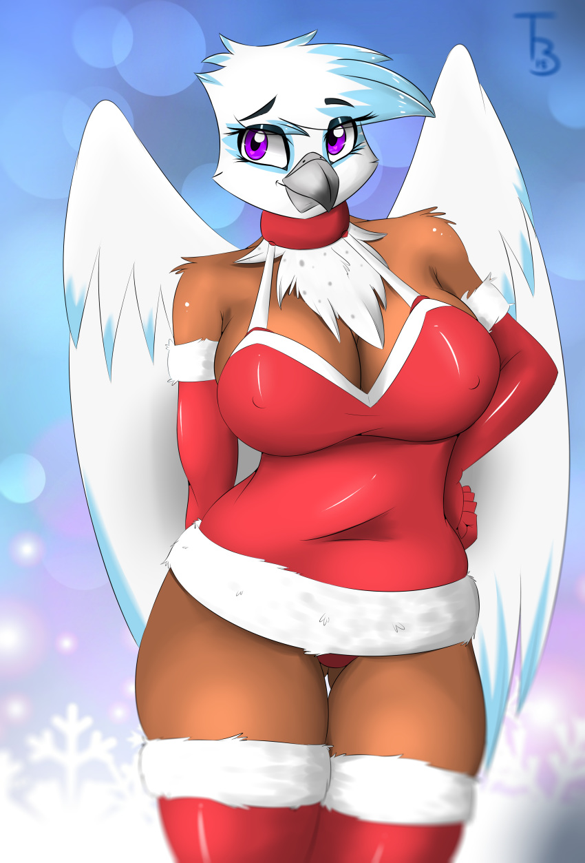 1girl 1girl 2015 absurd_res anthro avian beak breasts brown_fur christmas cleavage clothed clothing elbow_gloves fan_character fur furry gloves gryphon high_res holidays john_sheppard legwear my_little_pony purple_eyes smile wings