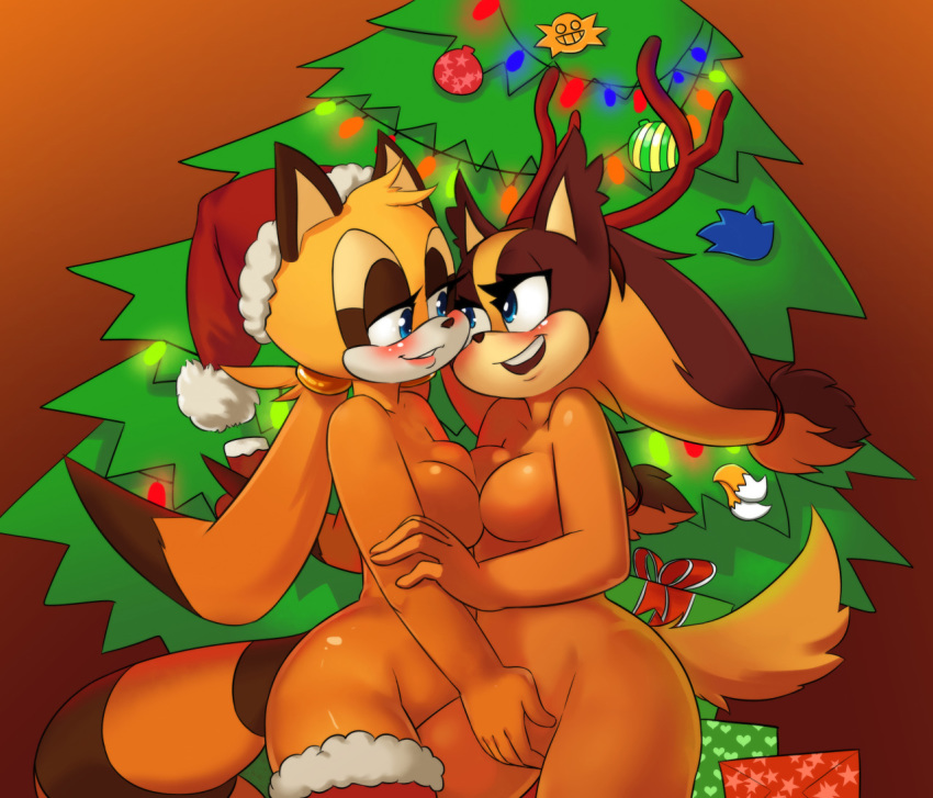 2015 anthro badger blush breast_squish breasts christmas duo eye_contact female female/female female_only fingering furry holidays mammal marine_the_raccoon mustelid nude smile sonic_(series) sonic_boom sparkydb sticks_the_jungle_badger yuri