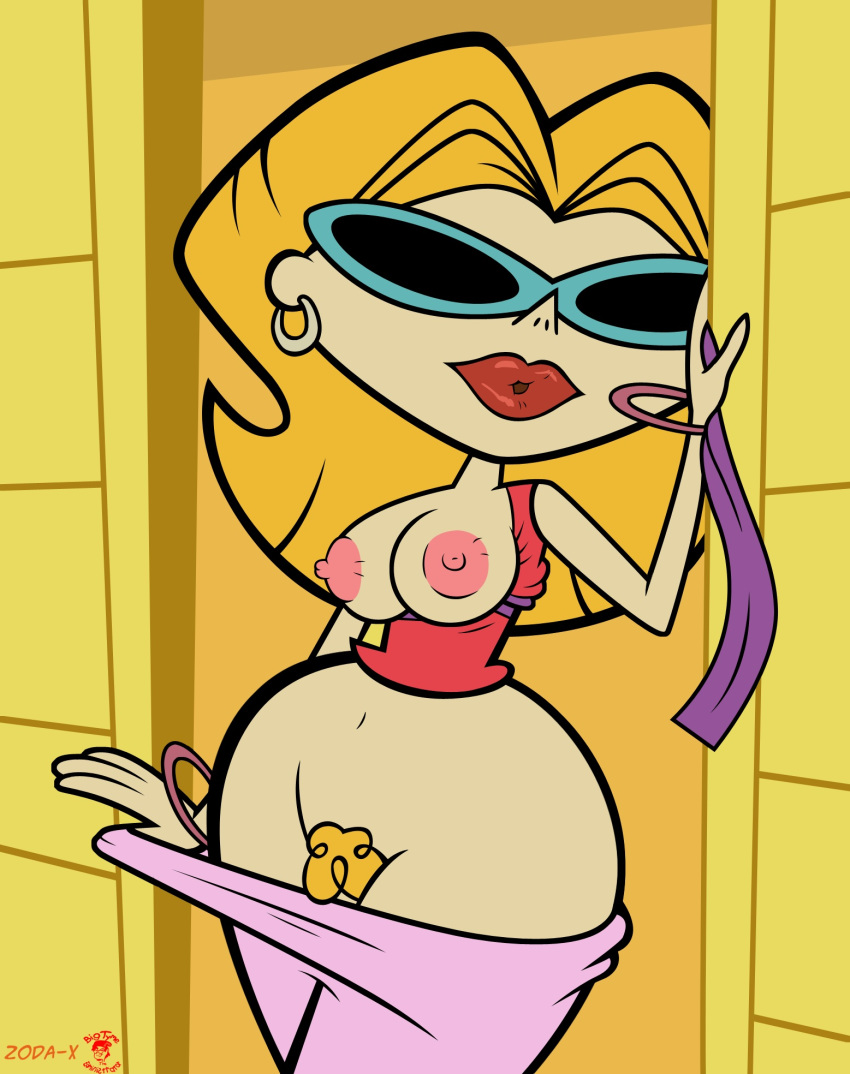 bigtyme blonde_hair bracelet breasts dexter's_laboratory ear_piercing earrings erect_nipples jewelry lipstick long_hair neighbor_lady nipples no_panties pants_down piercing pubic_hair pussy red_lipstick shirt_down solo strip sunglasses undressing zoda-x_(artist)