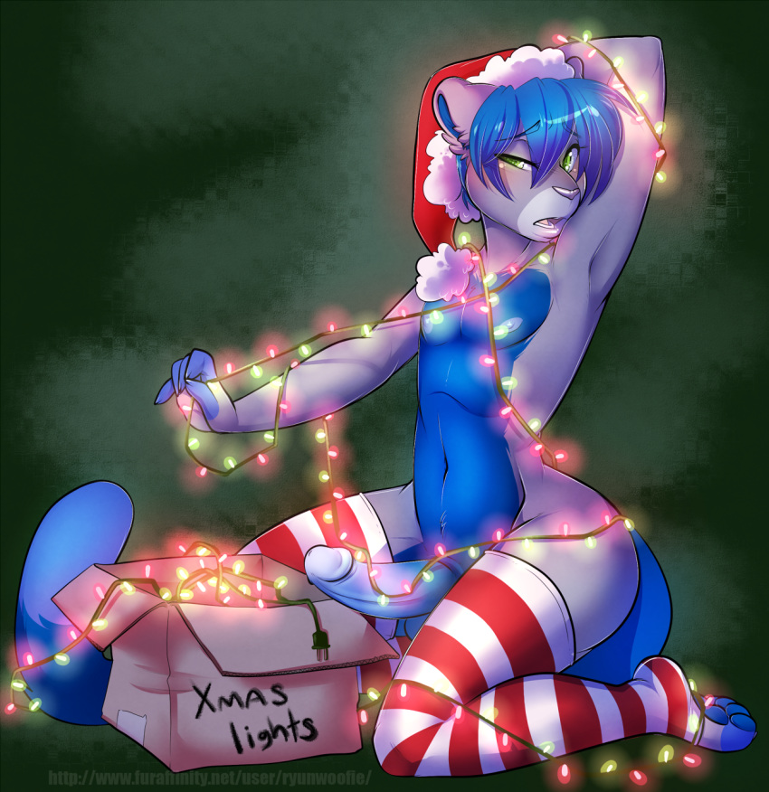 1girl 2016 annoyed anthro blue_countershading blue_fur blue_hair blue_penis cat christmas christmas_lights clothing entangled erection feline fur furry girly green_eyes grey_fur hair hand_behind_head hat headgear holidays humanoid_penis icy_(foxfan88) kneel legwear male mammal mostly_nude multicolored_fur nipples penis ryunwoofie santa_hat stockings striped_legwear stripes testicles two_tone_fur wide_hips