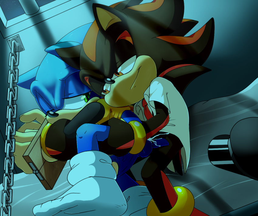 anal anthro black_fur blue_fur clothing cuffs_(disambiguation) cum feet fellatio fur furry half-closed_eyes high_res legwear male male/male oral penis prison rape sega sex shadow_the_hedgehog skyeprower socks sonic_the_hedgehog yaoi