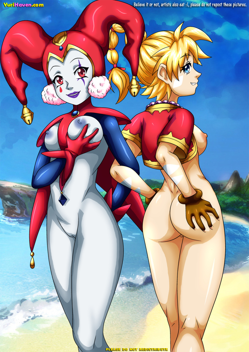 2_girls ass bbmbbf beach big_breasts blonde_hair bottomless braided_hair chrono_cross female_only grabbing_own_ass grabbing_own_breast harle_(chrono_cross) kid_(chrono_cross) multiple_girls nude_female ocean palcomix ponytail pussy square_enix yuri yuri_haven