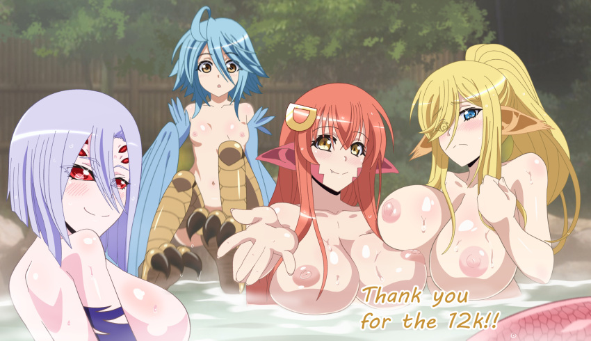 1girl 4girls animal_ears bathing centaurea_shianus centorea_shianus female_only high_resolution miia_(monster_musume) monster_girl monster_musume_no_iru_nichijou multiple_girls nipples nude onsen papi_(monster_musume) pointed_ears rachnera_arachnera shared_bathing topless wet zorzero