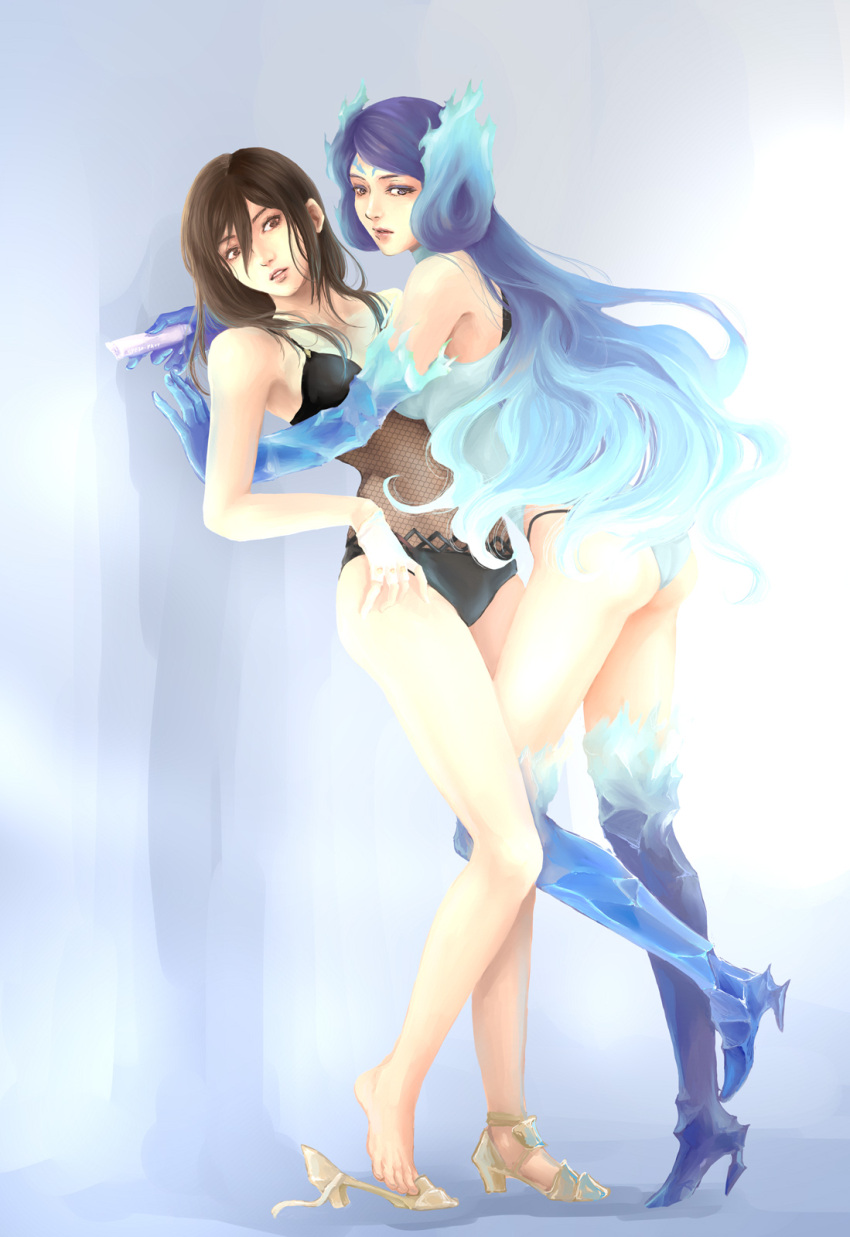 2_girls alluring bare_legs bikini boots brighid brighid_(water_lily)_(xenoblade) brighid_(xenoblade) collarbone feet female_focus fire high_heel_boots high_heels high_res long_hair morag_ladair morag_ladair_(obligatory_leave)_(xenoblade) morag_ladair_(xenoblade) multiple_girls nintendo no_headwear one-piece_swimsuit purple_hair shoes simple_background single_shoe swimsuit xenoblade_(series) xenoblade_chronicles_2 yuri yuuta_(ruin0811)