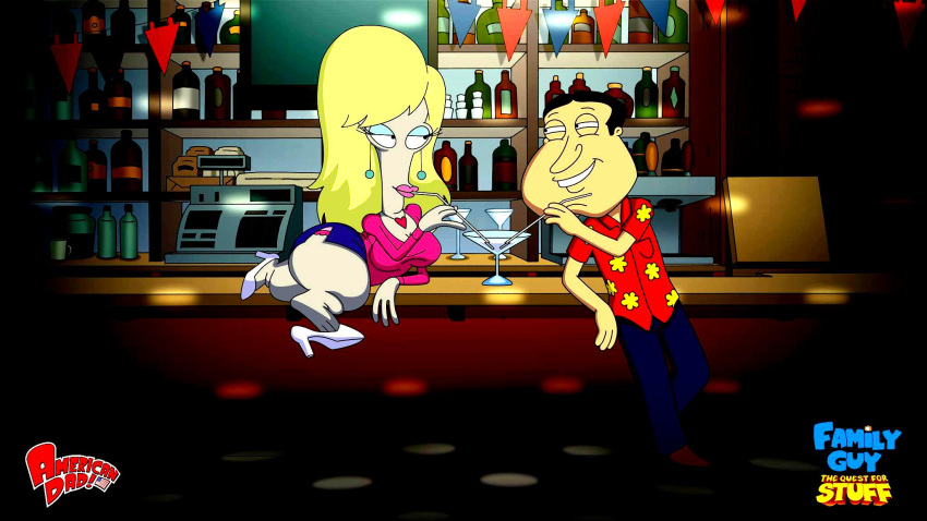 alcohol american_dad blonde_hair crossover family_guy glenn_quagmire high_heels laura_van_der_booben roger_(american_dad) toast