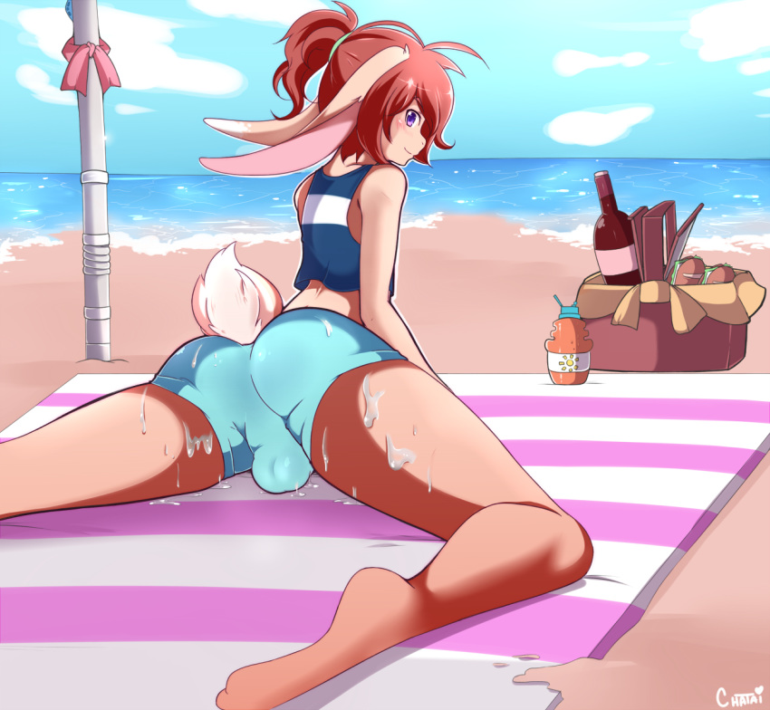 1girl 2015 alcohol alex_(chatai) anthro ass baguette basket beach beverage blush bulge chatai clothed clothing cream_fur crop_top digitigrade food fur furry girly hair kneel lagomorph leaning leaning_forward looking_at_viewer looking_back lotion male mammal midriff ponytail purple_eyes rabbit rear_view red_hair sea seaside shirt shorts smile suntan_lotion tank_top towel water wet wine