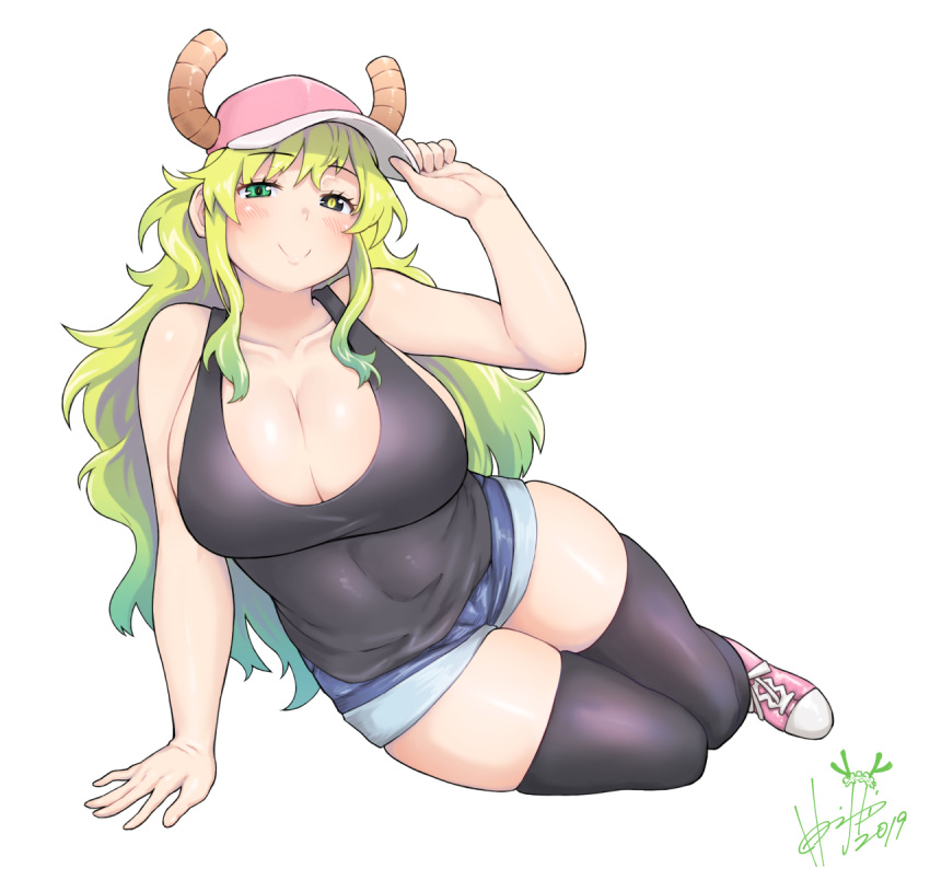 1girl aqua_hair arm_support baseball_cap black_legwear black_shirt blonde_hair blush breasts cleavage green_eyes hand_on_headwear hat heterochromia horns huge_breasts long_hair looking_at_viewer miss_kobayashi's_dragon_maid multicolored_hair purple_eyes quetzalcoatl_(dragon_maid) shirt shoes short_shorts shorts simple_background sitting skindentation sleeveless sleeveless_shirt smile sneakers tank_top thighhighs