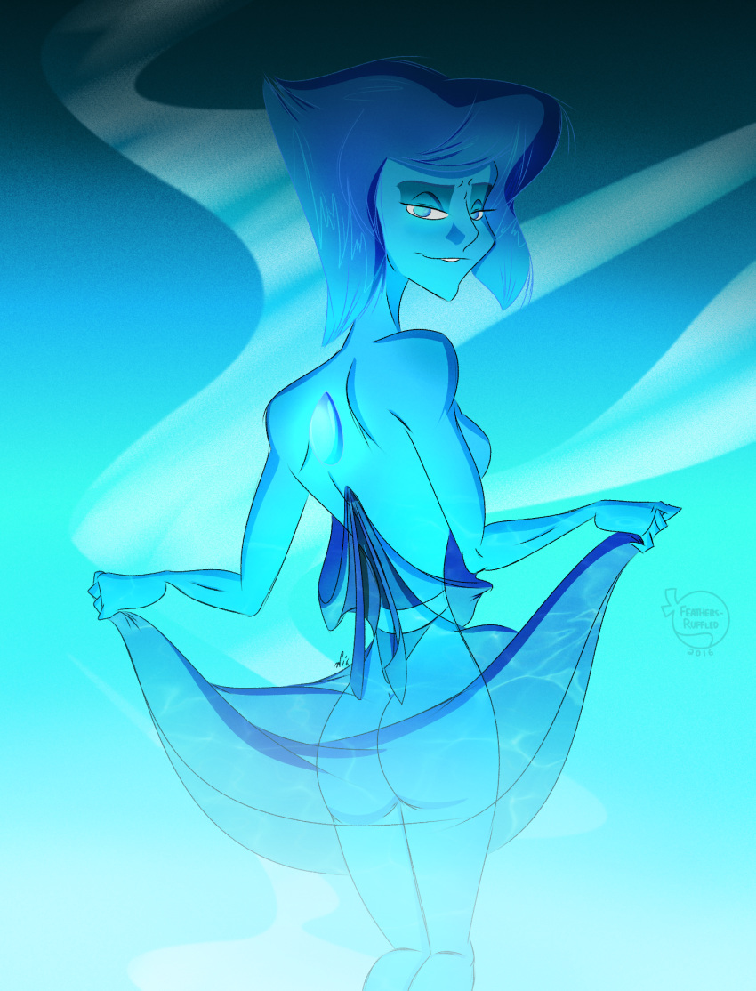 2016 ass behind blue_eyes blue_hair blue_skin crystal_gems dress feathers-ruffled gem glow lapis_lazuli lapis_lazuli_(steven_universe) looking_at_viewer nude see_through smile steven_universe wardrobe_malfunction