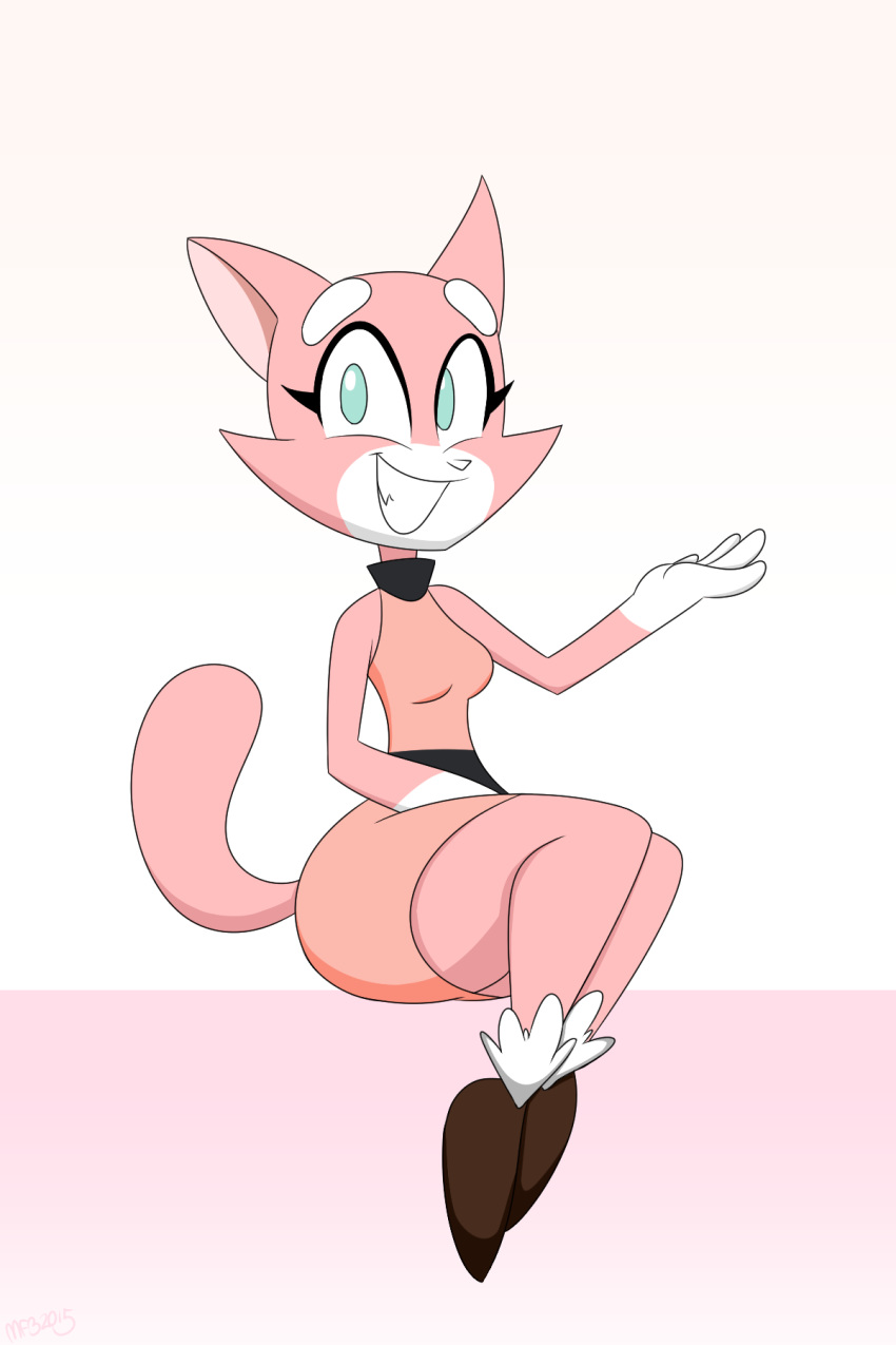 1girl 1girl 2015 anthro blue_eyes cat clothed clothing dress feline footwear fur high_res mammal mysteryfanboy91 pink_body pink_fur shima_luan shoes simple_background sitting smile super_planet_dolan thick_thighs white_background wide_hips