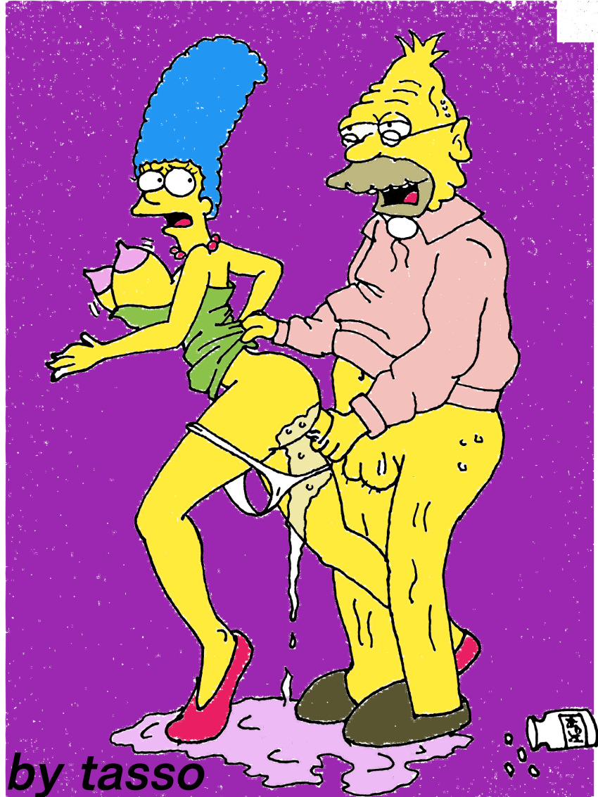 abraham_simpson age_difference breasts_out_of_clothes breasts_outside cheating_wife cum drugs excessive_cum marge_simpson milf rape tasso the_simpsons yellow_skin