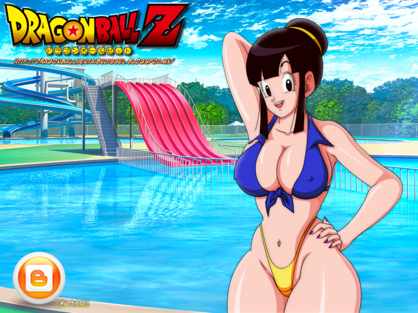 1girl big_breasts bikini black_eyes black_hair breasts chichi dissel dragon_ball dragon_ball_z erect_nipples hair long_hair looking_at_viewer milf mother nipples parent pool smile water