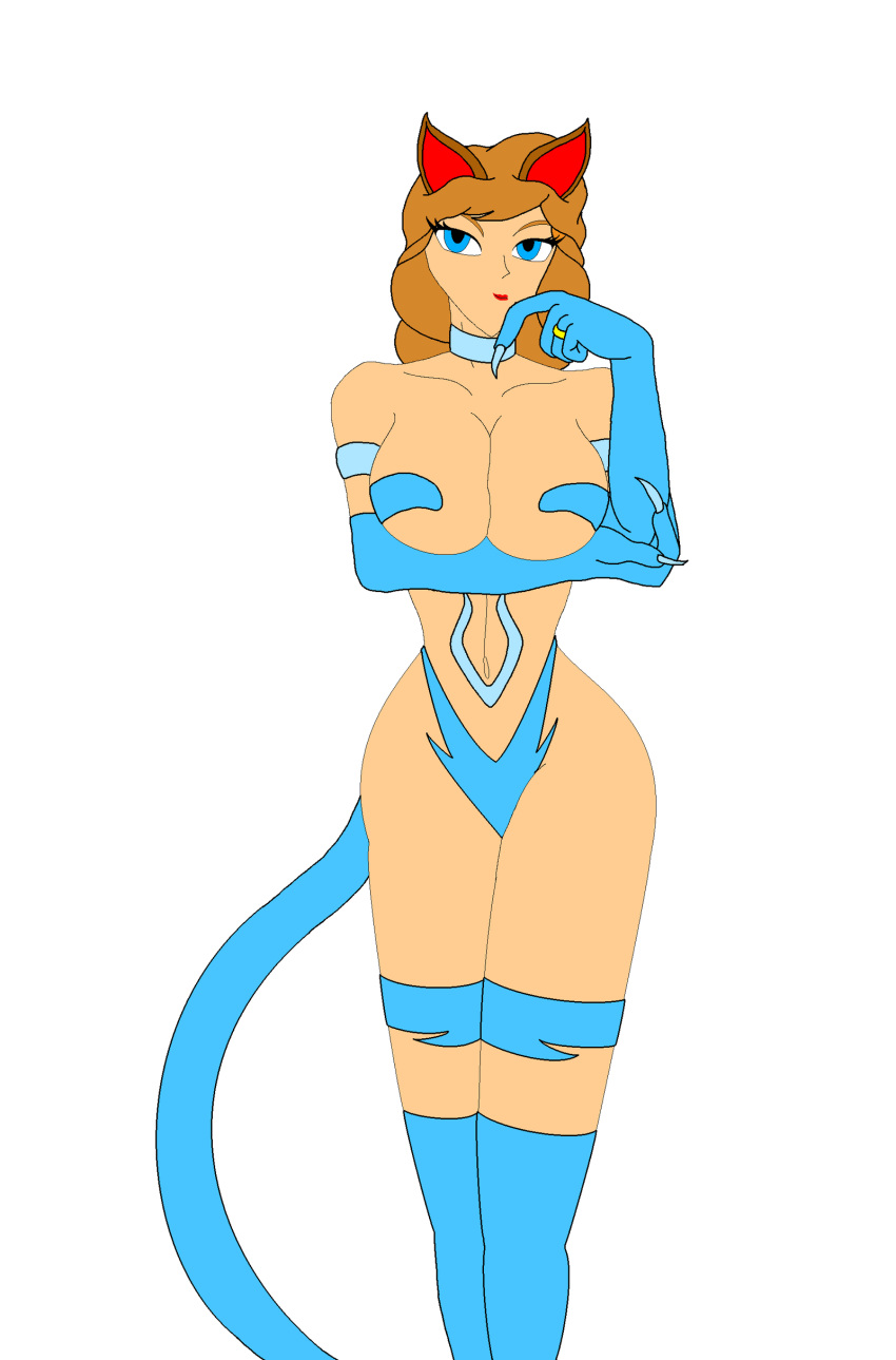 aged_up alternate_species arm_under_breasts bare_shoulders blue_eyes blue_fur breasts catgirl disney female_abs female_focus female_only hips light_brown_hair married_woman milf navel nekohybrid peter_pan ring thighs wendy_darling