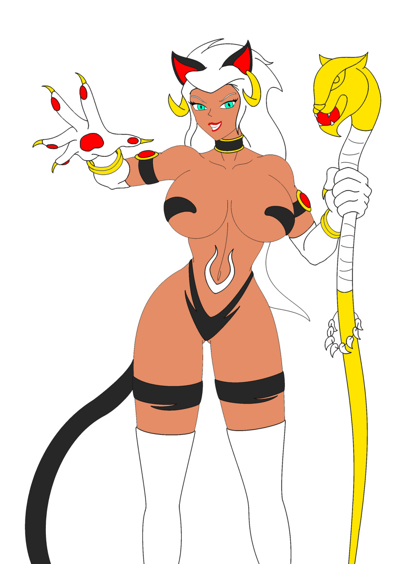 alternate_species armband bracelet catgirl choker dark-skinned_female disney earrings evil_smile female_abs female_focus female_only hips lips lipstick long_white_hair navel nekohybrid queen_la red_lipstick smile staff tarzan teeth the_legend_of_tarzan thighs