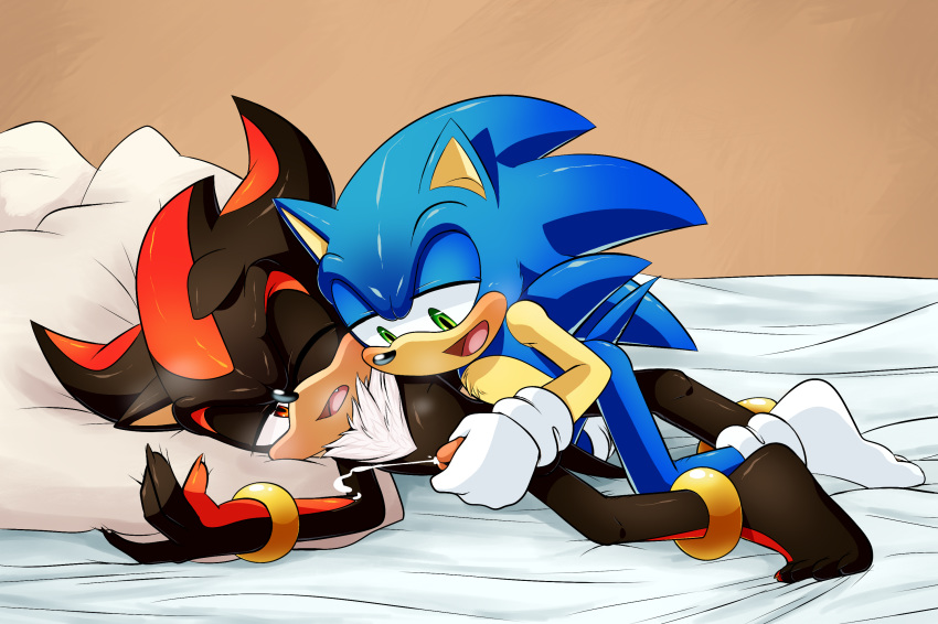 anthro bed duo furry handjob high_res male male/male penis sega sex shadow_the_hedgehog skyeprower sonic_the_hedgehog