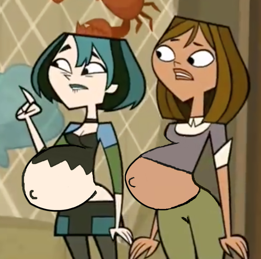 2_girls 2girls black_eyes black_hair brown_hair brown_skin courtney_(tdi) goth grey_hair gwen_(tdi) jtng23 photoshop pregnant pregnant_belly pregnant_female sexy take_your_pick total_drama total_drama_island