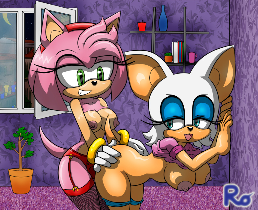 2016 amy_rose anthro areola bat big_breasts breasts dildo duo erect_nipples female/female female_only from_behind_position furry hedgehog mammal nipples nude raianonzika raianonzika_(artist) rouge_the_bat sega sex sex_toy strap-on yuri