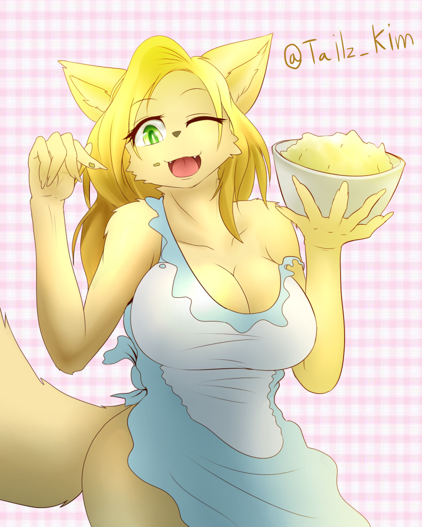 1girl 2015 anthro apron big_breasts blonde_hair bottomless bowl breasts brown_fur canine claws cleavage clothed clothing english_text food fox fur furry green_eyes hair high_res long_hair looking_at_viewer mammal off_shoulder one_eye_closed open_mouth raised_tail smile standing tail tailzkim teeth text wink