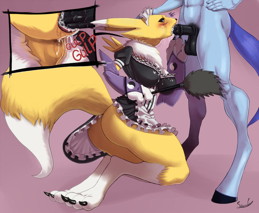 1girl anthro ass clothing cum cum_in_mouth cum_inside digimon faceless_male furry maid_uniform male male/female oral penis renamon saliva siberwar testicles tongue tongue_out uniform