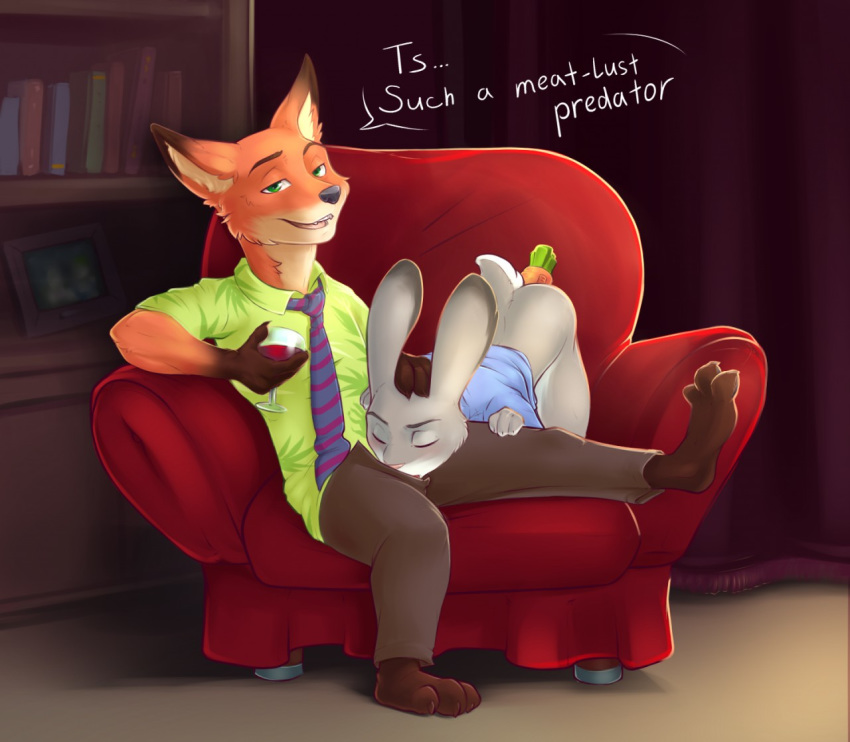 1girl anthro canine carrot chair closed_eyes dialogue disney dlw food fox furry green_eyes humor judy_hopps lagomorph looking_at_viewer male male/female mammal nick_wilde oral penetration rabbit sex_toy sitting text vegetable zootopia