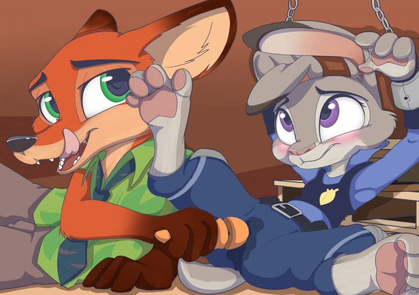 1girl 2016 anthro blush bound canine chain clothing cuffs_(disambiguation) disney duo fangs fox fur furry gloves_(marking) green_eyes grey_fur hindpaw judy_hopps lagomorph licking licking_lips male male/female mammal markings mistydash nick_wilde open_mouth orange_fur pawpads paws police_uniform predator/prey purple_eyes rabbit sex_toy tongue tongue_out uniform vibrator wet zootopia