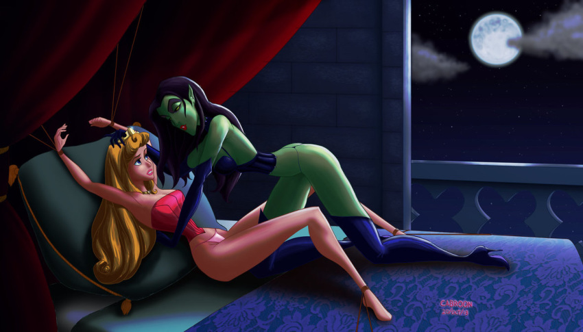 2girls bed big_breasts black_hair blonde_hair blue_eyes bondage boots breasts cabroon_(artist) cleavage clouds corset crown disney green_skin imminent_rape lipstick long_hair maleficent moon multiple_girls night pillow princess_aurora sleeping_beauty teeth thong underwear witch yuri