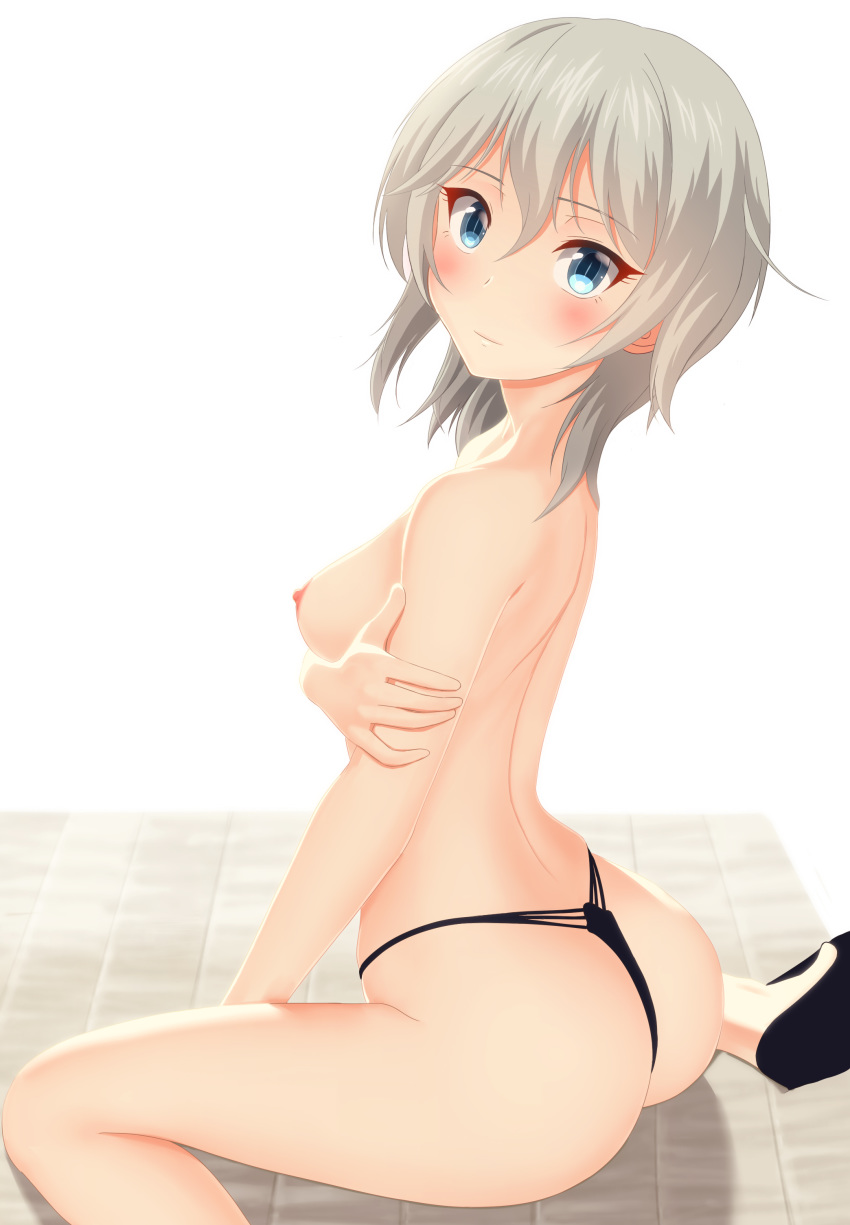 1girl absurdres anastasia_(idolmaster) ass back bangs between_legs black_panties blue_eyes breast_hold closed_mouth g-string hair_between_eyes hand_between_legs hand_on_own_arm high_resolution highres holding holding_arm idolmaster idolmaster_cinderella_girls looking_at_viewer nipples no_pants panties shade shadow short_hair silver_hair sitting solo string_panties takahirokun thong tile_floor tiles topless underwear underwear_only very_high_resolution wariza