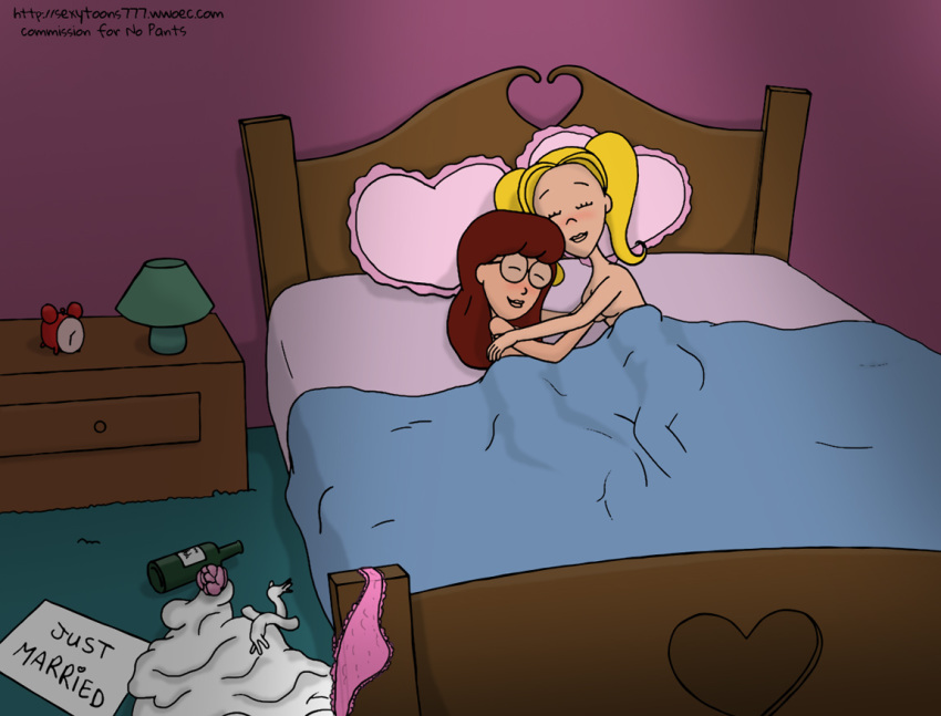 2girls after_sex alarm_clock asleep bed bed_frame bed_sheet bedroom blonde_hair brittany_taylor brown_hair clothes_on_floor daria daria_morgendorffer glasses heart_shaped_pillows lamp nightstand nude on_bed panties pillows sexytoons777_(artist) wedding_dress wedding_night wine_bottle yuri