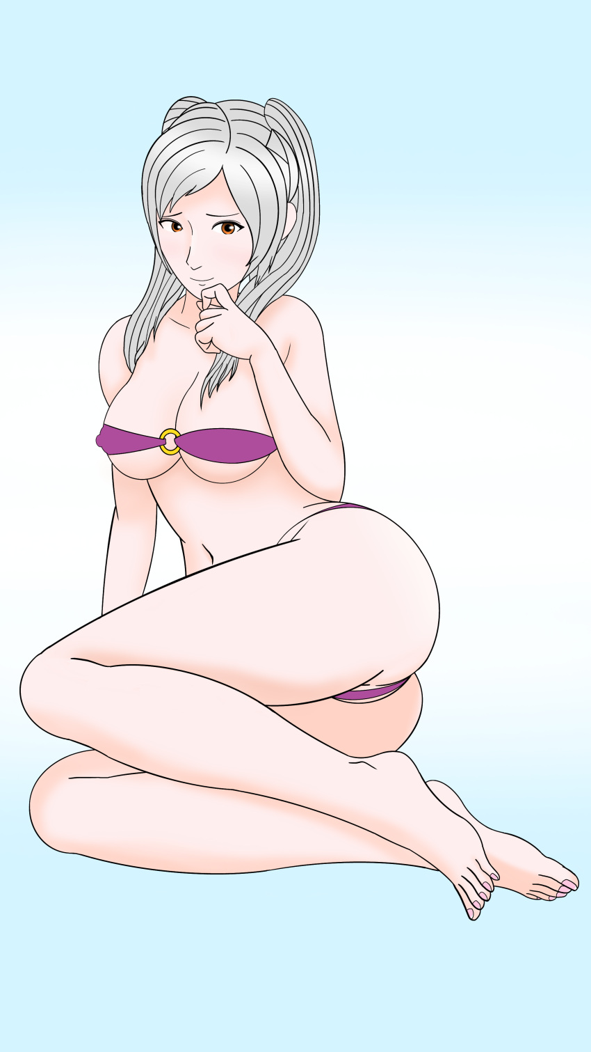 1girl 1girl alluring alternate_costume ass big_ass big_breasts bikini brown_eyes fire_emblem fire_emblem_awakening fire_emblem_heroes looking_at_viewer medium_hair minarai_ssbsp nintendo purple_bikini purple_swimsuit robin_(fire_emblem) robin_(fire_emblem)_(female) robin_(summer)_(fire_emblem)_(female) silver_hair smile solo_female swimsuit