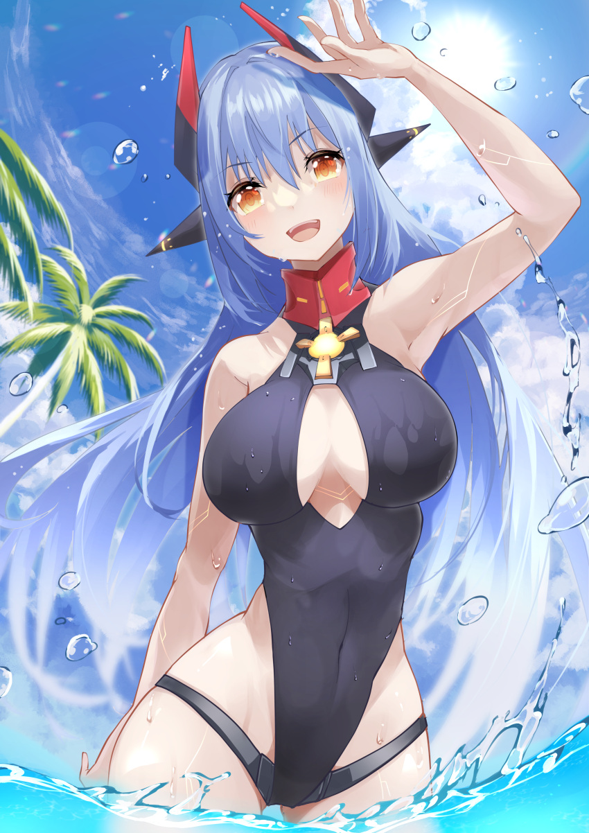 1girl 1girl absurd_res alluring alternate_costume android beach big_breasts blue_hair breasts high_res long_hair poppi_(xenoblade) poppi_qtpi_(xenoblade) red_eyes risumi_(taka-fallcherryblossom) robot_ears swimsuit water xenoblade_(series) xenoblade_chronicles_2