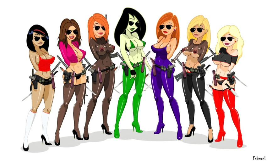 7girls ann_possible bodysuit bonnie_rockwaller breasts cameltoe crop_top fnbman high_heels kim_possible kimberly_ann_possible leggings lineup multiple_girls nipples panties see-through shego stockings sunglasses tara_(kim_possible) thighs thong vivian_porter yori