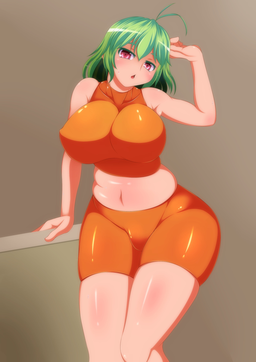 1girl absurdres benedicta_(yamamaya4) bike_shorts blush breasts female green_hair high_resolution highres huge_breasts kazami_yuuka plump red_eyes shiny shiny_skin solo spats touhou very_high_resolution youkai