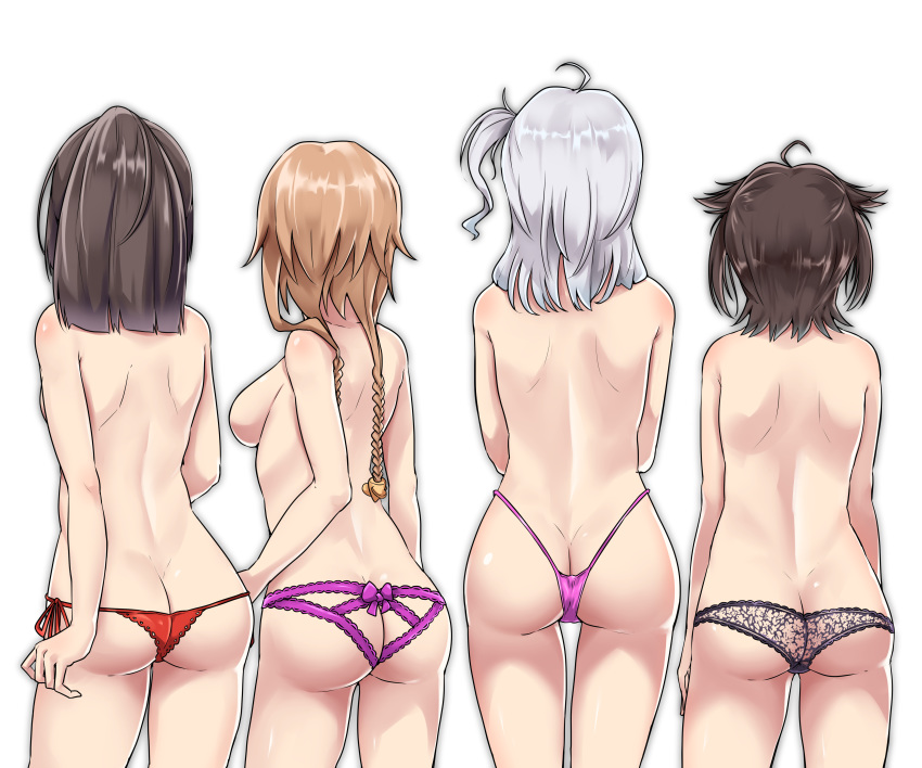 1girl 4girls ahoge akizuki_(kantai_collection) ass back black_hair black_panties black_underwear braid breasts brown_hair dimples_of_venus facing_away from_behind hair_flaps hair_ornament hatsuzuki_(kantai_collection) high_resolution highleg highleg_panties kantai_collection kiritto lace lace_panties large_filesize long_hair medium_breasts multiple_girls one_side_up panties ponytail posterior_cleavage propeller_hair_ornament purple_panties red_panties short_hair shoulder_blades side-tie_panties sideboob silver_hair simple_background suzutsuki_(kantai_collection) teruzuki_(kantai_collection) thigh_gap thong tied_hair topless twin_braids underwear very_high_resolution white_background