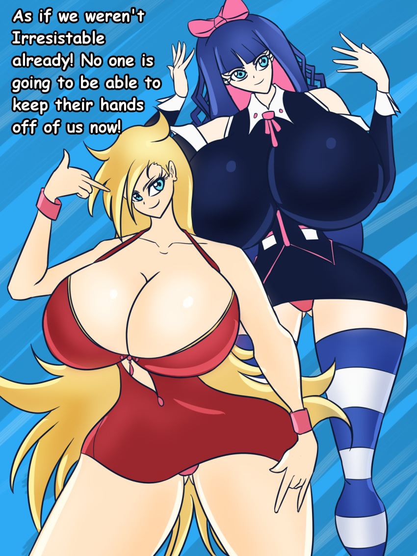 2_girls big_breasts blonde_hair blue_hair breasts cleavage domo-sensei domo-sensei_(artist) english_text female_only long_hair panties panty_&_stocking_with_garterbelt panty_(psg) panty_anarchy simple_background sister sisters stocking_(psg) stocking_anarchy stockings text thighs two_tone_hair