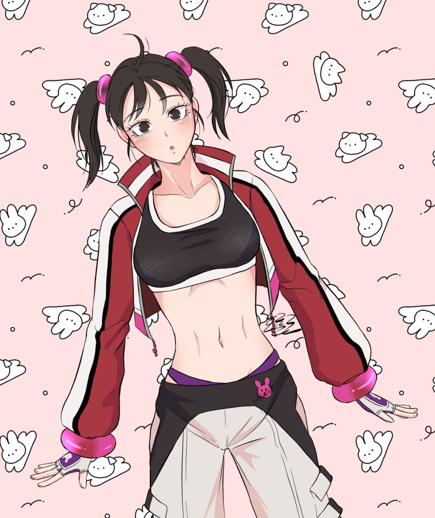 1girl black_eyes black_sports_bra cropped_jacket fingerless_gloves gloves high_res horyollo jacket ling_xiaoyu midriff namco navel open_clothes panties pants pink_background purple_panties red_jacket side_ponytail sports_bra stomach tekken tekken_3 tekken_4 tekken_5_dark_resurrection tekken_6_bloodline_rebellion tekken_7 tekken_8 tekken_blood_vengeance tekken_bloodline tekken_tag_tournament tekken_tag_tournament_2 twin_tails underwear upper_body white_pants