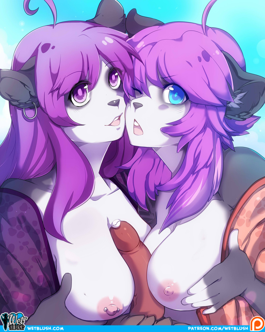 2016 anthro bear breasts clothing ear_piercing first_person_view furry group group_sex hair highres mammal nipple_piercing nipples one_eye_closed ookami-kun paizuri panda penis piercing precum purple_hair sex testicles threesome wetblush