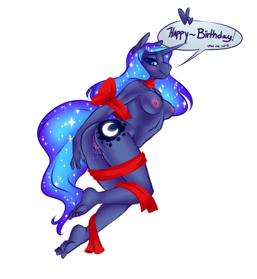 ! 1girl alpha_channel anthro anthrofied areola ass barefoot bedroom_eyes blue_eyes blue_hair blush breasts cutie_mark english_text equine friendship_is_magic furry gift_wrapped hair half-closed_eyes heart highres horn kronilix long_hair looking_at_viewer mammal my_little_pony nipples princess_luna_(mlp) pussy pussy_juice seductive simple_background text toes transparent_background unicorn