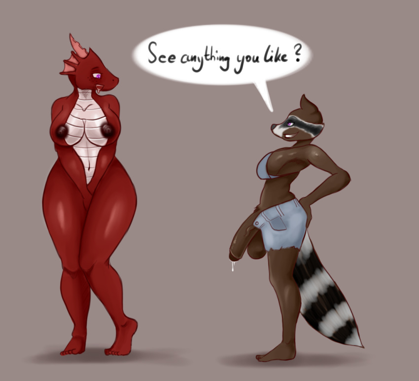 1girl anthro armpits big_breasts big_penis breasts clothing dickgirl dragon drooling duo furry highres horn intersex larger_female mammal nipples nude nukenugget open_mouth penis raccoon roxie_racoon saliva scalie size_difference testicles text wide_thighs