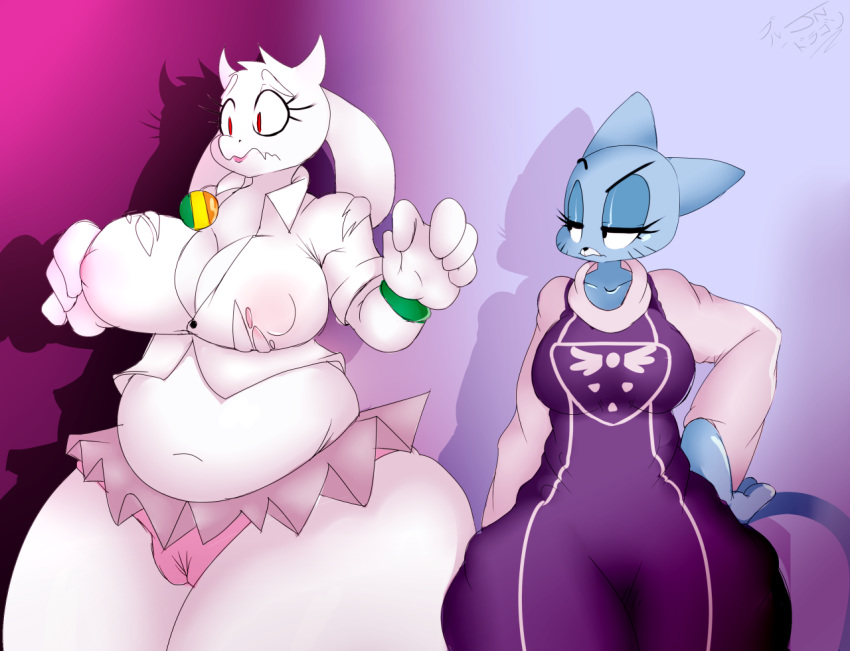 1girl 2016 anthro big_breasts boss_monster breasts cameltoe caprine cartoon_network cat cleavage clothed clothing crossover duo erect_nipples feline furry goat jaynatorburudragon mammal navel nicole_watterson nipple_bulge nipples slightly_chubby the_amazing_world_of_gumball toriel undertale video_games wardrobe_malfunction