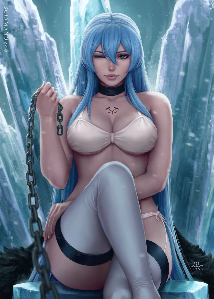 1girl 1girl 1girl akame_ga_kill! blue_eyes blue_hair blush chest_tattoo crossed_legs curvaceous curvy esdeath female_only high_res high_resolution huge_breasts human ice leash long_hair looking_at_viewer sciamano240 seductive seductive_smile sitting solo_female thick_thighs