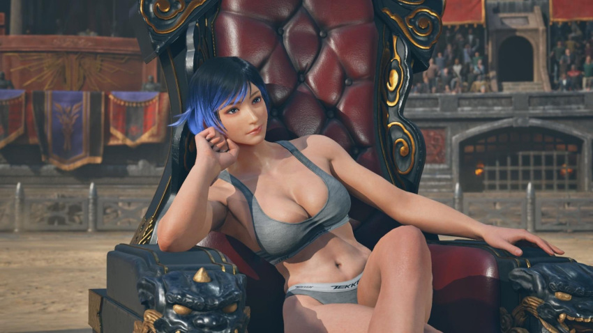1girl 1girl 1girl 3d alluring athletic athletic_female bare_legs big_breasts black_and_purple_hair calvin_klein crossed_legs female_abs female_only fit fit_female grin mod namco panties reina_(tekken) short_hair sitting sitting_on_chair sitting_on_throne slim_waist sports_bra tekken tekken_8 two_tone_hair underwear wide_hips