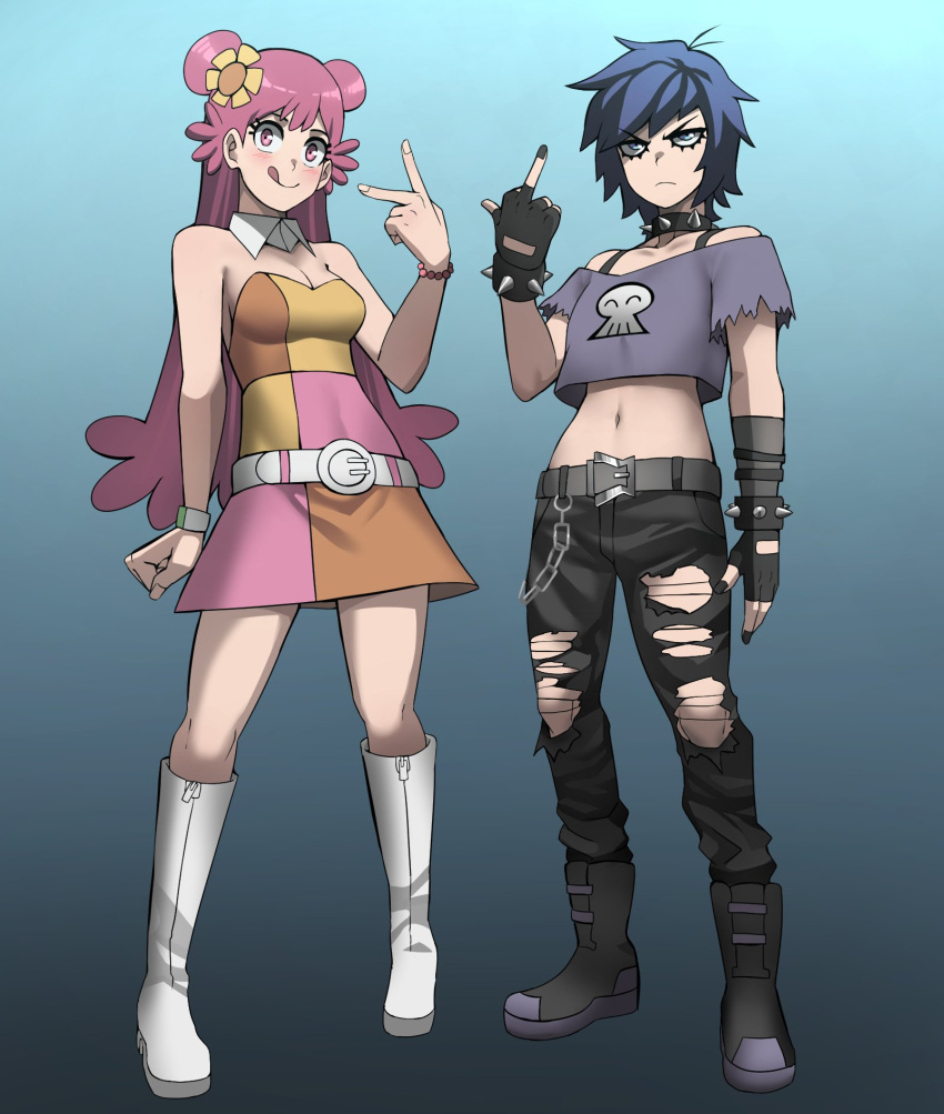 2_girls adapted_costume ami_onuki angry animification arm_at_side bare_shoulders belt black_boots black_gloves black_nails black_pants blue_background blue_eyes blue_hair blush boots bracelet breasts cartoon_network cleavage clenched_hand closed_mouth collar detached_collar double_bun dress female_only fingerless_gloves flower full_body gloves goth_fashion gradient gradient_background grey_background grey_belt grey_shirt hair_bun hair_flower hair_ornament half-closed_eyes hand_up hi_hi_puffy_amiyumi high_res jewelry jourd4n knee_boots long_hair looking_at_viewer medium_breasts middle_finger midriff multicolored_dress multiple_girls nail_polish navel neck off-shoulder_shirt off_shoulder pants pink_eyes pink_hair punk serious shirt short_dress short_hair skull_print small_breasts spiked_bracelet spiked_collar spikes standing strapless strapless_dress tomboy tongue tongue_out torn_clothes torn_pants two-tone_background v watch white_belt white_boots wristwatch yumi_yoshimura