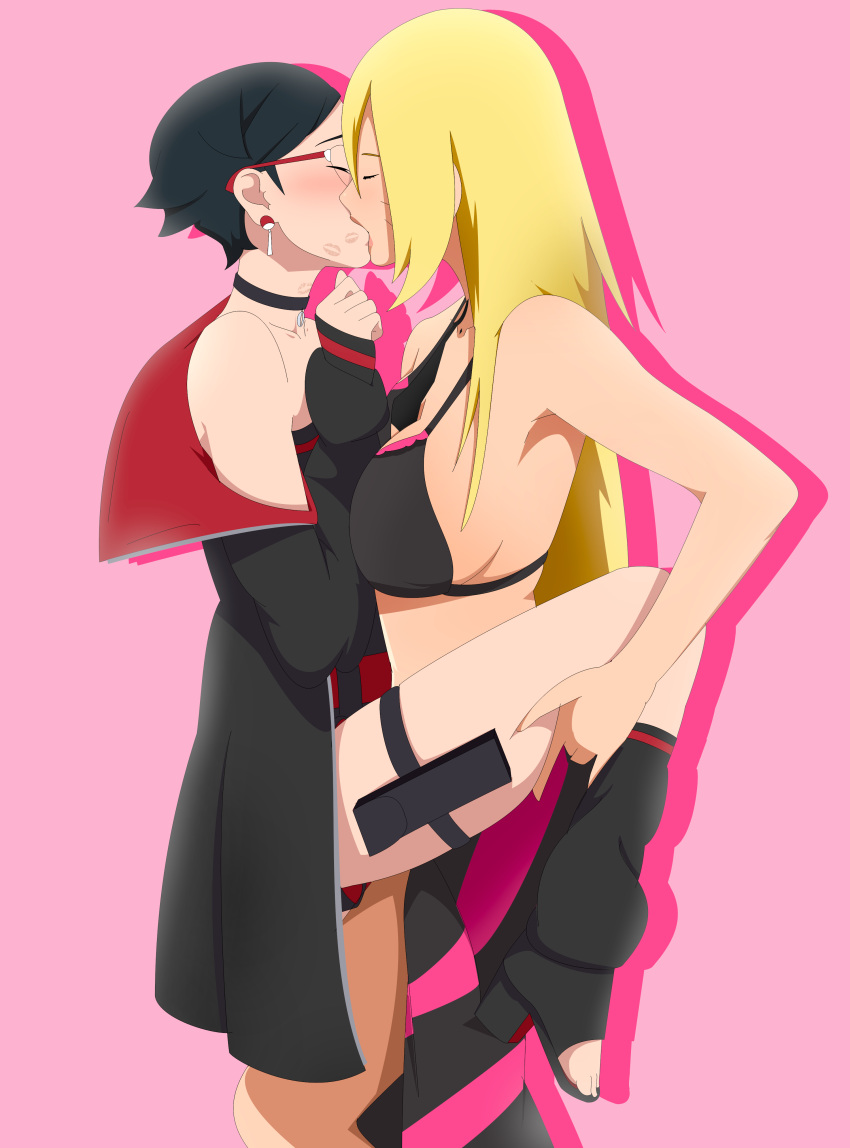 2_girls bikini black_hair blonde_hair boruko boruto:_naruto_next_generations boruto_uzumaki closed_eyes genderswap genderswap_(mtf) glasses kiss_mark kissing optimystic11 rule_63 sarada_uchiha