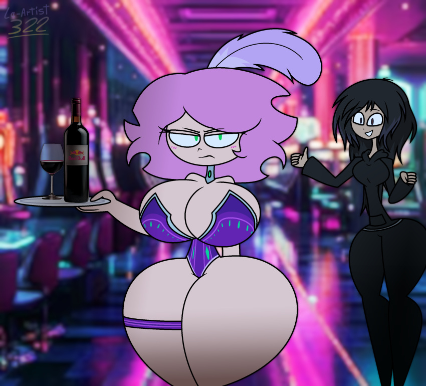 angry_expression babe big_breasts bottle casino character_in_background collar collared feather frown frowning_at_viewer green_eyes holding_drink holding_object holding_plate juj_puj juj_puj_(youtuber) la-artist322_(artist) lewd makta_(la-artist322) milf narrowed_eyes original pink_hair revealing revealing_clothes revealing_outfit sexy showgirl thicc thicc_thighs thick_thighs thumbs_up waitress wine wine_glass young_adult_female young_adult_woman youtuber youtuber_girl