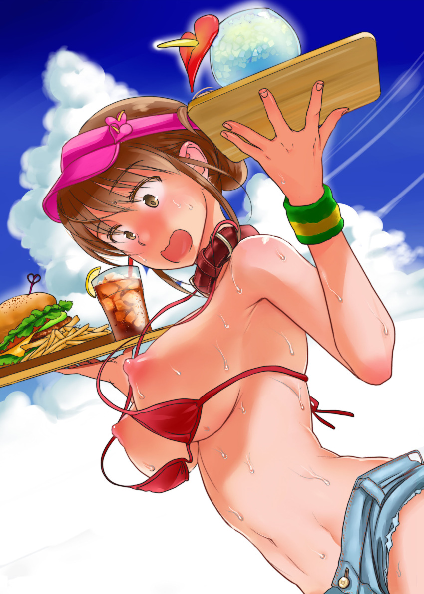 brown_eyes brown_hair embarrassing food fries fruit hamburger ice iced_tea lemon looking_down shiny shiny_skin shorts surprise sweat trae wardrobe_malfunction