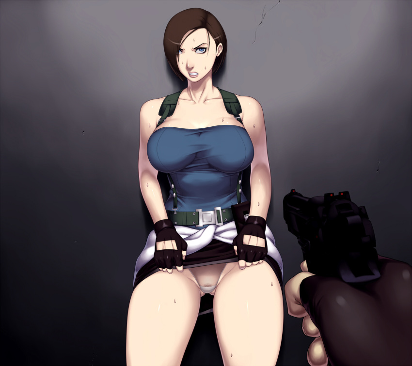 1girl aiming angry arm arms art babe bare_arms bare_legs bare_shoulders big_breasts black_gloves black_skirt blue_eyes breasts brown_hair capcom clenched_teeth collarbone fingerless_gloves forced gloves gun hair_over_one_eye handgun high_res holding holding_gun holding_weapon indoors jill_valentine legs lips looking_at_viewer miniskirt neck pencil_skirt pubic_hair resident_evil resident_evil_3 sawao short_hair skirt skirt_lift smile solo_focus standing strapless sweat sweating teeth tubetop weapon