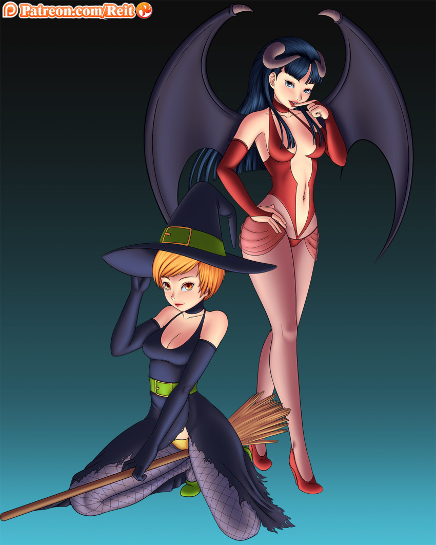 2girls amagi_yukiko atlus big_breasts breasts chie_satonaka cleavage cosplay halloween persona persona_4 reit satonaka_chie succubus witch yukiko_amagi